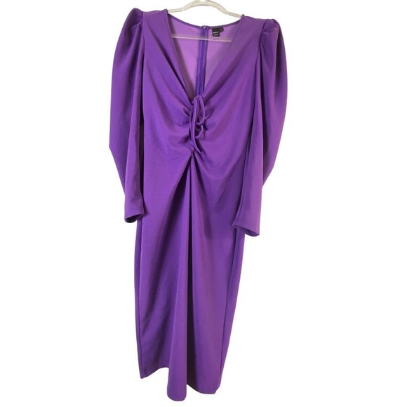 Purple V Neck Long Sleeve Bodycon Midi Dress Large Sexy Pinup Stretch‎ Goth Vamp - Picture 1 of 5